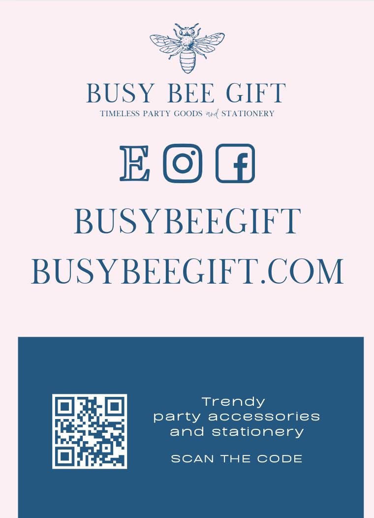 a blue and white gift card with a picture of a bee on it