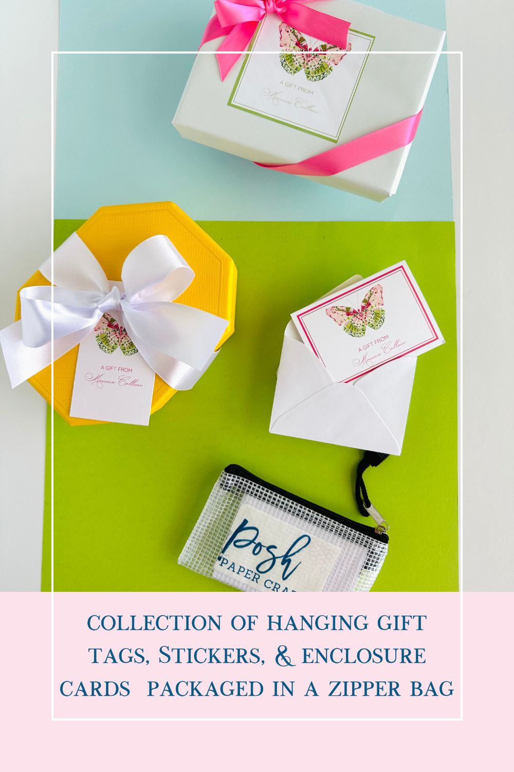 collection of hanging gift
tags, Stickers, and
enclosure cards with
envelopes - 5 of each item
conveniently package in a
zipper bag