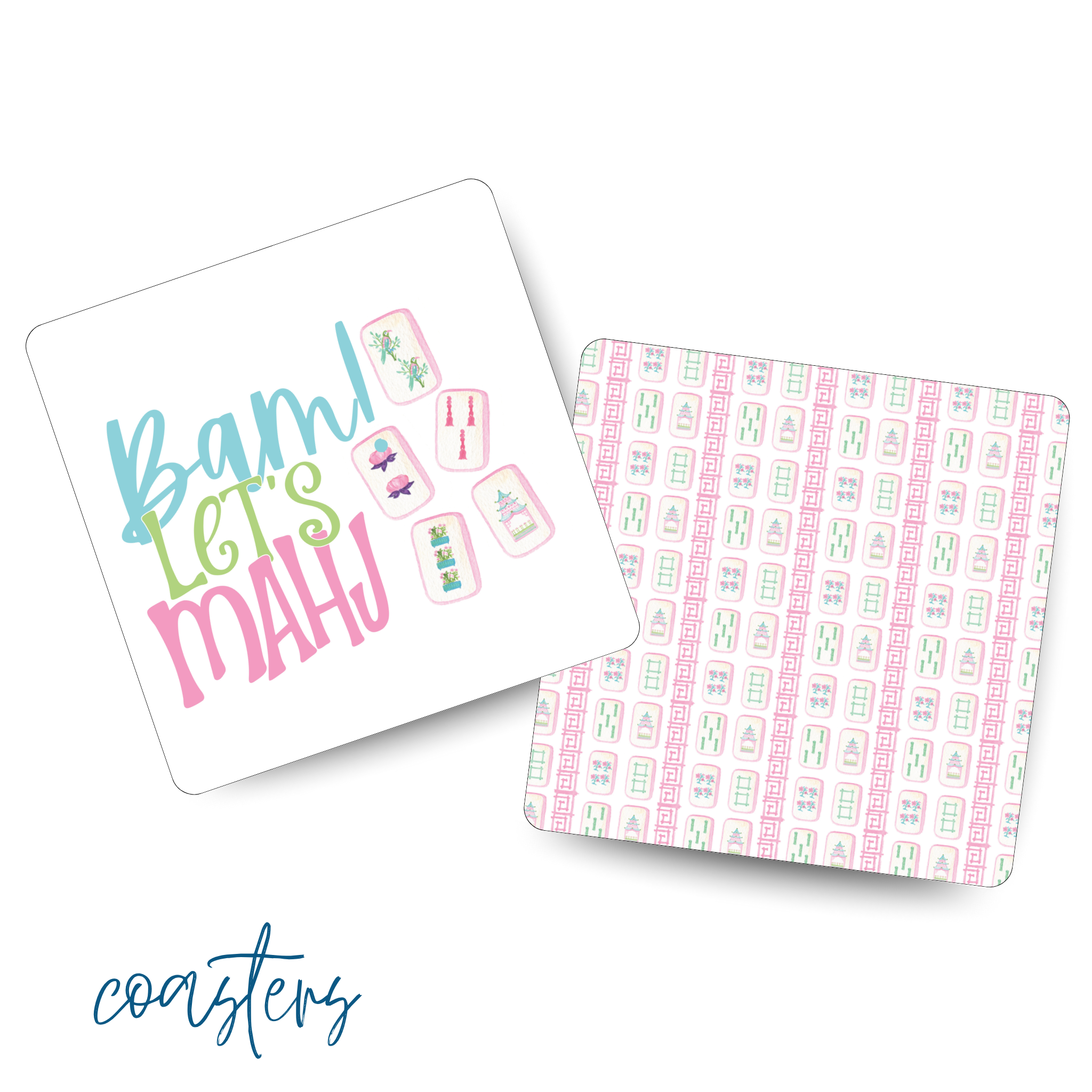 Mahjong Card Coasters - Thick Paper Drink Protectors | Set of 8 Durable Square Coasters